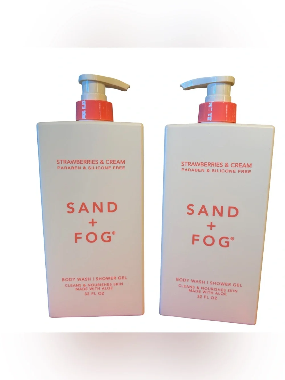 SAND + FOG NWT Qty of 2 Strawberries & Cream Body Wash Shower Gel 32 Fl Oz Each